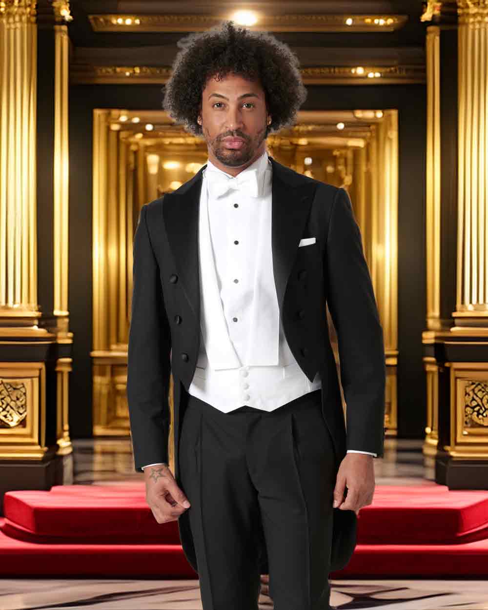 xuits-Mann mit Afro trägt Frack und weißer Weste in prunkvollem goldverziertem Raum mit rotem Teppich.