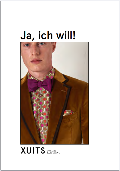 xuits -Mann im braunen Samtanzug mit schwarzem Revers, gemustertem Hemd, lila Fliege, Text Ja ich will und XUITS Logo.